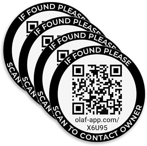 WERTSACHEN ABSICHERN! - OLAF App 4 Stk. QR-Code Sticker Set & kostenlose App - Wertgegenstände 100% anonym und einfach weltweit absichern - Sekundenschnelle Kontaktaufnahme - Kein Abo! (schwarz)