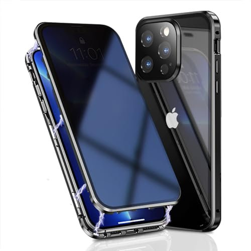 OMGZONE Privacy Case for iPhone 15 Pro Magnetic Cover,Screen Protector built-in Anti-peep Tempered Glass Full Cover with Camera Protector,360 Degree Metal Bumper Case for iPhone 15 Pro,Black