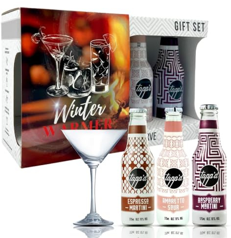 Tapp'd Winter Warmer Gift Set - Ready To Drink Bottled Cocktails 10% ABV - Amaretto Sour, Raspberry Martini & Espresso Martini with Martini Glass (3 x 175ml Bottles)