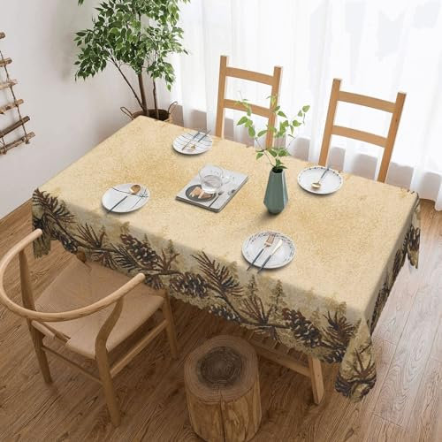 FLYIFE Rechteckige Tischdecke mit Tannenzapfen-Bordüre, bedruckt, 183 x 137 cm, wasserabweisend, knitterfrei, perfekt für Essen und Veranstaltungen
