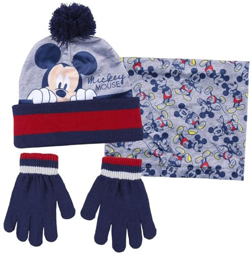 Disney Jungen Mickey Mouse 3-teiliges Winter-Set mit Bommelmütze + Handschuhe + Schal, blau / rot, 2-8 Jahre