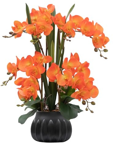 CXGS Artificial Orchid Flower Plant 19.7'' Real Touch Faux Orchids in Ceramic Vase Orange Fake Phalaenopsis Flower Arrangement Silk Orchids with Stems for Centerpiece Table Home Indoor Decor