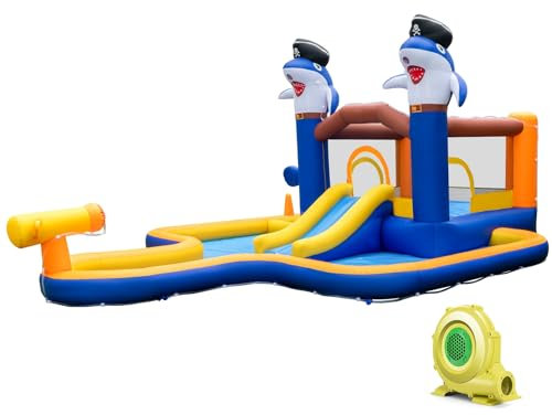 LIFEZEAL Parque Acuático, Castillo Hinchable para 2 Niños de 3-10 Años, con Tobogán, Piscina, Trampolín, Canasta, Forma de Tiburón, Interior y Exterior, 578x408x159 cm (con soplador)