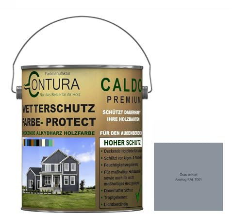 Contura Wetterschutzfarbe 1 Liter Holz Dauerschutzfarbe Deckend Buntlack Holzfarbe Holzlasur Seidenmatt (Grau Mittel - RAL 7001 Analog)