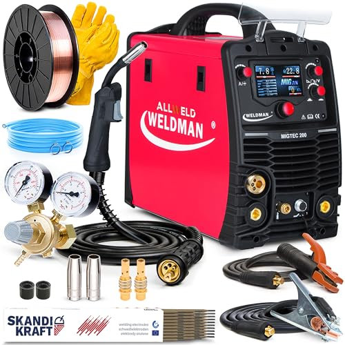 Weldman MIGTEC 200 - Soldador Inverter Profesional con Gas 200A - Sinergia - Soldadura: MIG/MAG, MMA, TIG DC, FLUX - Regulación de Inductividad - Modo 2T/4T - Set Basic