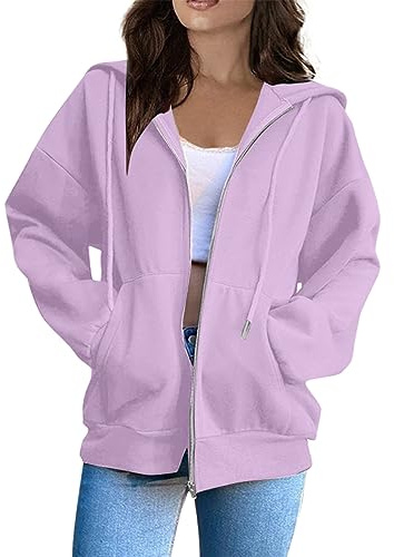 Ladies Solid Color Zip Up Hoodies Sweatshirt Women Tops Long Sleeves Casual Fashion Loose Hooded Jackets with Pockets