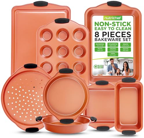 NutriChef Juego de 8 moldes para hornear – Juego de utensilios antiadherentes de acero al carbono con asas de silicona, sartén grande para hornear, bandeja para pizza, sartén cuadrada, molde para pan,