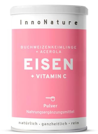 InnoNature Eisen Pulver | natürlich aus Buchweizenkeimlingen und Acerola | 85g Inhalt, 14 mg Eisen + 80 mg Vitain C pro Portion | glutenfrei, vegan, pflanzlich