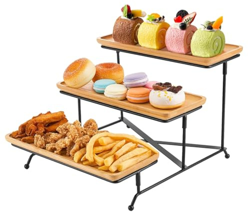 Fiita Présentoir 3 étages Étagère en Bambou 3 Plateaux de Service gâteaux apéritif Fromage Fruit fêtes Plat en Bois Décoration pour Anniversaire de Mariage Baptême Fruits Desserts