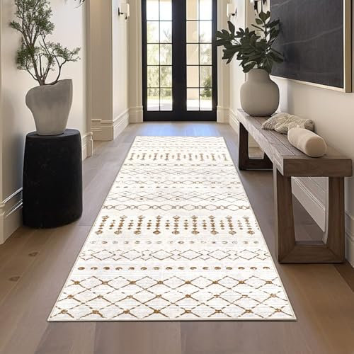 Homcomodar Teppich Läufer 80x200cm Küchenteppich Läufer Teppich Waschbar Teppichläufer Flur Boho Teppiche mit Gummirücken Boden Teppich für Flur, Eingang, Wohnzimmer, Küche (Beige/Weiß)