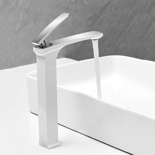 Miscelatore per Lavabo da Appoggio Alto Caldo E Freddo Maniglia Singola Alto Rubinetto per Lavabo per Lavello Monoforo Bianco + Cromo Lavandino da Bagno Rubinetto