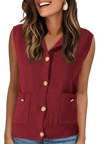 Allegra K Women Jumpers Vest 2025 Button Down Sleeveless Tank Tops Pockets Casual Knit Sweaters Cardigan Wine Red M