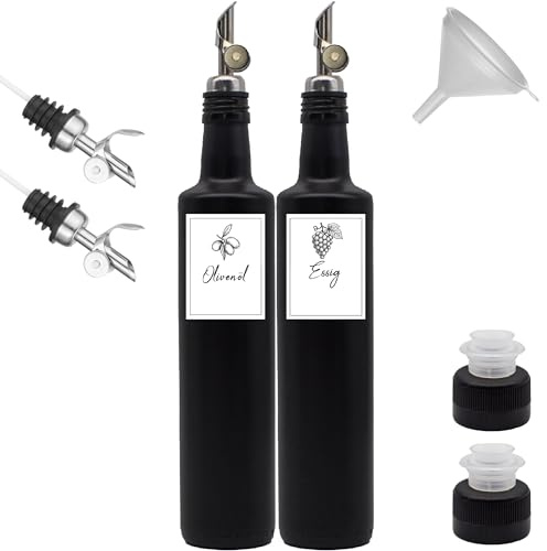 Essig Ölflaschen Set schwarz-matt aus Glas mit Free-Flow-Ausgießer, Deckel inkl. Trichter (2x500 ml)
