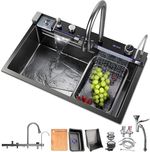 HZKSINNK Évier de cuisine et de bar, 80 x 50 cm, avec deux cascades, 1 bac, noir, multifonction, en acier inoxydable, nano-revêtement, avec robinets extensibles, pour verres, paniers de drainage et