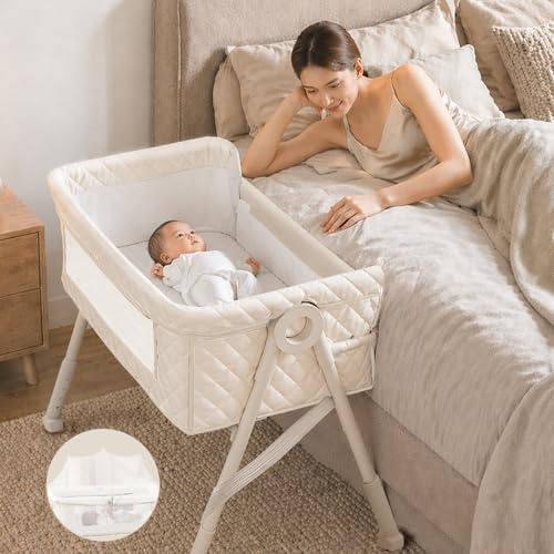 Youluzhen Beistellbett Baby, 3-in-1 Beistellbett, Babybett für Neugeborene mit atmungsaktivem Netz, höhenverstellbar & neigbar, inkl. Matratze, für Zuhause & unterwegs, Weiß