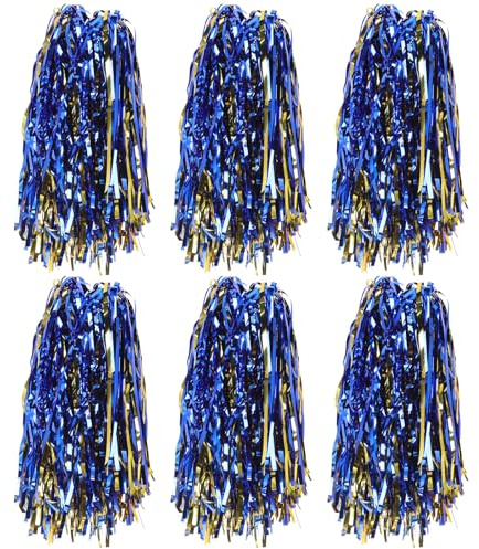 Alasum Lot de 6 Pompons de Cheerleading Poignée Plate en PP, Bleu Métallique et Or, Légers et Réutilisables, Ornements de Performance pour Danse, Spectacles et Événements Sportifs