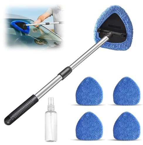 Générique Brosse De Nettoyage Pare Brise, Le Kit De Nettoyage Vitre Voiture, Nettoyage Pare Brise IntéRieur avec Manche TéLescopique De 50 Cm, 4 Tampons en Microfibre