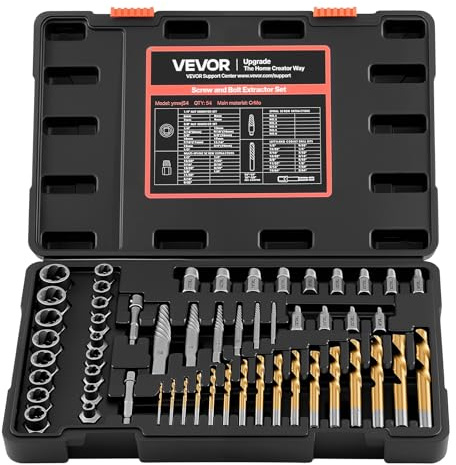 VEVOR Juego de Extractor de Tuercas y Tornillos Dañados 54 Piezas, con Brocas para Taladro, Adaptadores y Estuche de Almacenamiento, Acero 41xx, Herramientas para Sacar Pernos Rotos Oxidados Pintados