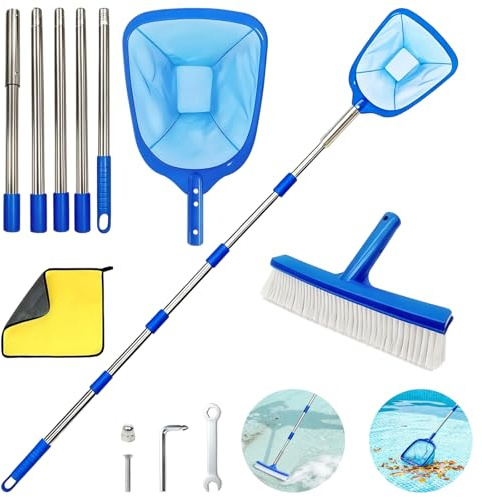 HJ-hghpiftr Pool Kescher 185cm Teleskop Poolkescher, 2in1 Pool Reinigungsset mit Bürste, feinmaschiges Netz, kratzschonender Rahmen, verstellbare Edelstahlstange für Pool, Teich, Whirlpool & Spa