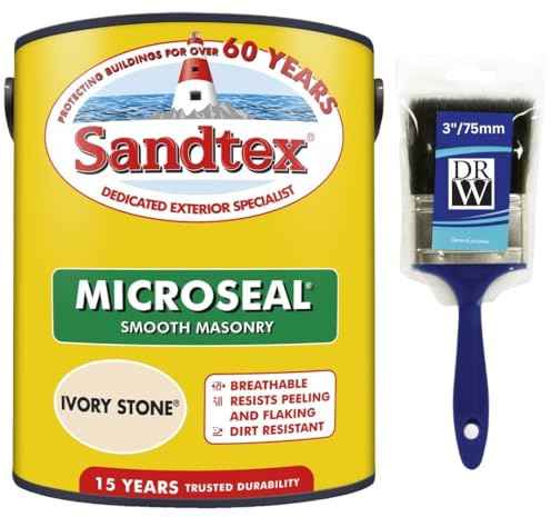 DRW Ivory Stone Microseal Smooth Masonry Paint 5L+3 Brush | Exterior Wall Paint for Brick Render Concrete and Stone | Long Lasting Weather Protection | Smooth Matt Masonry Finish for Exterior Walls