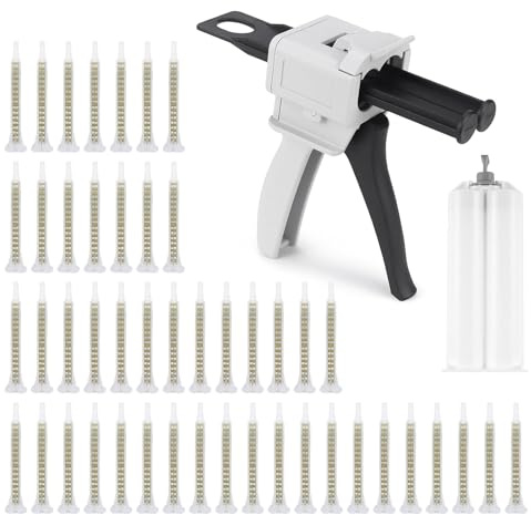 Pistola de Pegamento Epoxi AB, con 50 Oro Seringas de Mezcla Estática 1:1 | Pistola Dispensadora con 1 Cartucho Doble de Cola 50 ml, Plástico, para Hobby Art DIY Craft Reparación Oficina Hogar
