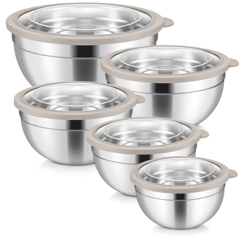 TEAMFAR blandningsskål med lock set om 5, rostfritt stål skålset, khaki | Salladsskål med transparent och lufttätt lock för kök, 4,6/2,8/1,6/1,2/0,7 L, stapelbar, diskmaskinssäker