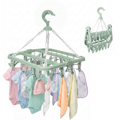 QILUCKY Sock Hanger for Drying,Laundry Peg with 32 Clips (Green) | Sock Dryer with Strong Grip,Space-Saving Fold Design and 360° Rotating Hook for Socks, Underwear, Baby Clothes, Towels