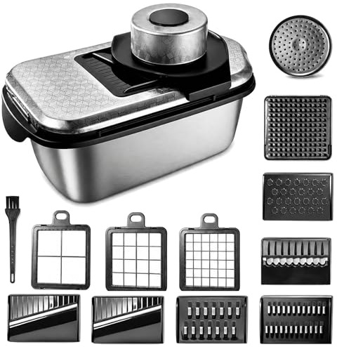 Multi-Gemüseschneider Mandoline Hobel - Edelstahl 304 13-teilig Gemüsehobel mit Abtropfkorb - Zwiebelschneider für Salate Kartoffeln - 10 Austauschbare Klingen Handschutz Aufbewahrungsbox