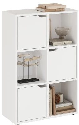 KOMTO Bücherregal Weiß – Würfelregal mit 3 Türen und 6 Fächern, Bücherschrank, Aufbewahrungsregal, Raumteiler Regal für Büro, Schlafzimmer und Wohnzimmer | Shelf6 59,6 x 29 x 91