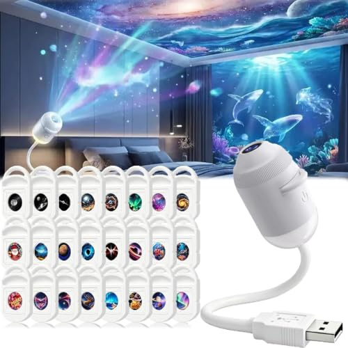 GSenhui Veilleuse Projecteur Galaxie 2 en 1 (avec 24 Films) | Lampe Projecteur de Ciel étoilé pour Voiture, Décoration Chambre et Chambre d'enfant, Rotation à 360°, Alimentation USB