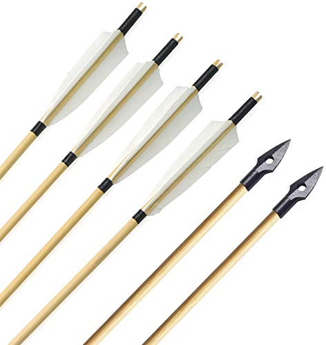 ZSHJG 6pcs Bogenschießen Holzpfeile Truthahnfedern Traditionelle Holzschaftpfeile Jagdzielpfeile mit Pfeilspitze für Recurve Bogen Langbogen (Typ 2)