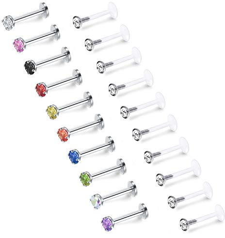 Mayhoop 20PCS Lippenpiercing Labret Monroe Ohrstecker 16G 8mm Tragus Helix Piercing Ohrstecker aus Acryl und Edelstahl mit 3mm klarem und buntem Kristall Piercing Schmuck