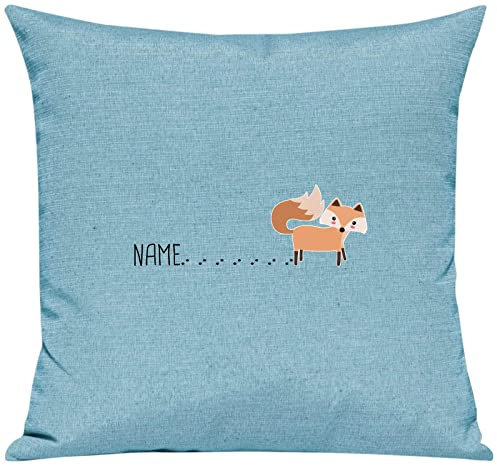 Kleckerliese Kissen Kissenbezug Kissenhülle 40x40cm Wunschname Fuchs mit Spur Name Text, Farbe Türkis