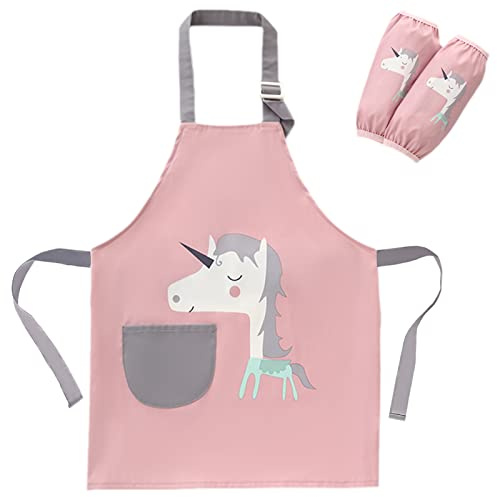 SUNNEKO Kochschürze Kinder Schürzen mit Tasche Wasserdicht Jungen Mädchen Verstellbare Küchenschürze Basteln Bemalen Backen Kochen Malschürze Kunstkittel Arbeitsschürze Painting Bastelschürze