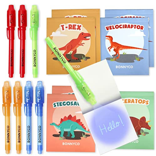 BONNYCO UV Stift und Notizbuch, 8 Stück Dino Mitgebsel Kindergeburtstag Junge und Mädchen. Kindergeburtstag Gastgeschenke, Kleine Geschenke für Kinder. Adventskalender Inhalt, Dino Geburtstag Deko