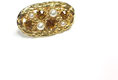 Brosche, hohe Mode, oval, Gold, Bernstein und Perlen, 4 cm