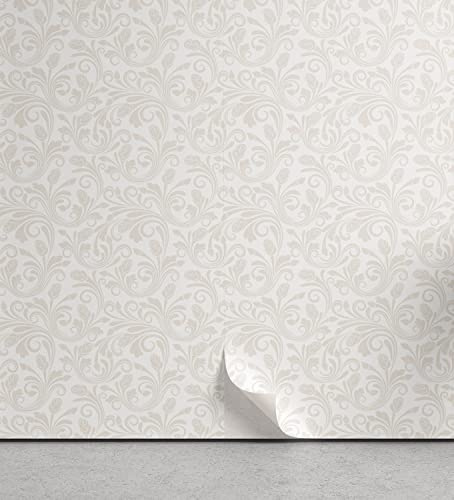 Ambesonne Ivory Peel & Stick Wallpaper for Home, Medieval Victorian Petals Baroque Soft Toned Blooms Swirls Flourish Spring Pattern, Self-Adhesive Living Room Kitchen Accent, 13 x 100, White Beige