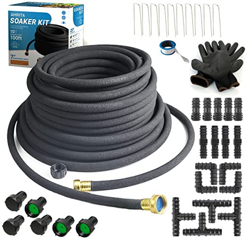 AMRITA Tropfschlauch-Set, 1,27 cm (1,27 cm) 30,5 m Gummi-Gartenschlauch, 70 % Wassersparend, schwarzer robuster Tropfschlauch für Gartenrasen, Hochbeete (1/2-300 m)