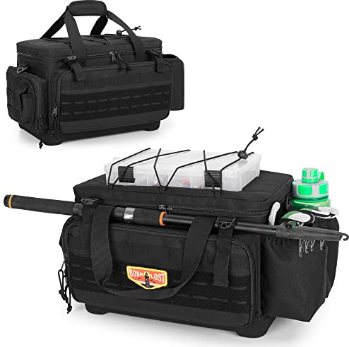 GOBUROS Wasserdichte Angelausrüstungstasche mit EVA-Unterseite und Rutenhalter, Zangenaufbewahrung, Schwarz