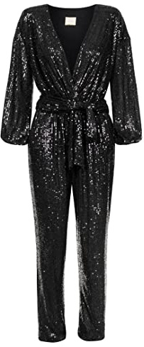 Swing Fashion Damen Elegant Jumpsuit | Festliches Party Glitzer Playsuit | Hosenanzug Romper Pailletten-Overall | V-Ausschnitt Langarm Schwarz | 38 (M)
