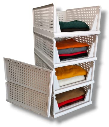 Blazonn set of 4 stackable foldable wardrobe organiser storage plastic box shelf divider separator for clothes wardrobe kids toys home office cupboard kitchen off- white medium (43x32x18.5)