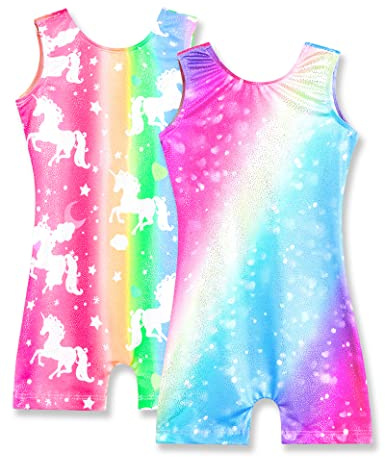 Nymphperi Gymnastics Leotards for Girls 2 Pack Size 4t 5t Soft Colorful Rainbow Sparkly Biketards Cute Unicorn Sleeveless Swimsuit for Birthday Gift