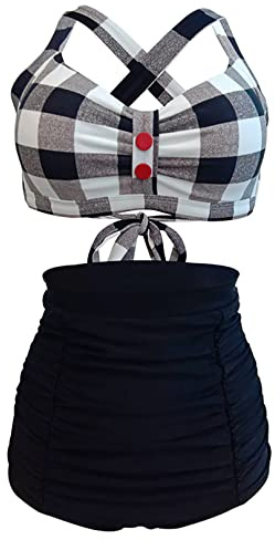 Bslingerie® Dam halter retro hög midja bikini baddräkt 2 st set, Svart rutig, L