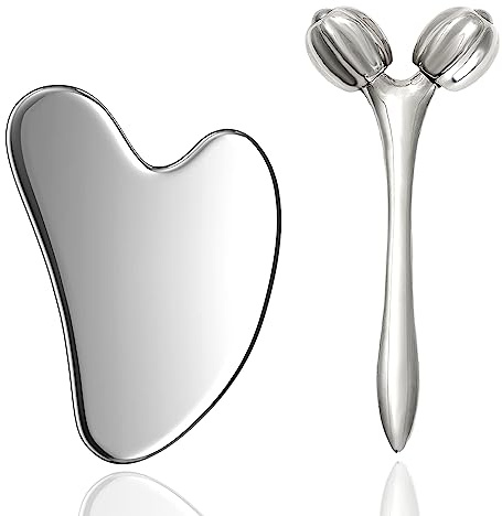 Hysotok Stainless Steel Gua Sha Facial Tools, Face Roller and Gua Sha Set for Facial Massage, Neck, Eyes, Body, Chin Lift, and Skin Tightening (Silver Heart)