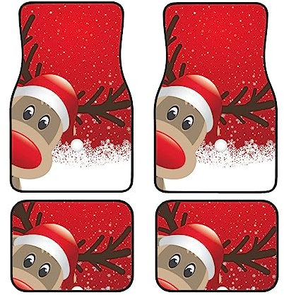 Automatten 4-teilig Auto Matten Set Frohe Weihnachten Niedlich Cartoon Elch Druck Auto Fußmatten Auto Vorne Hinten Fußmatten Universal