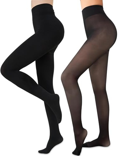 Geebuzz Womens Fleece Lined Tights Sheer Warm Fake Translucent Thermal Pantyhose (Large-X-Large, OpaqueBlack-Black(Thick Fleece))