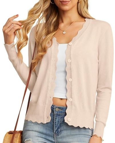 GRECERELLE Cardigan Femme avec Boutons et Encolure en V Cardigan Femme Léger et Estival Elégant avec Dentelle (Abricot, L)