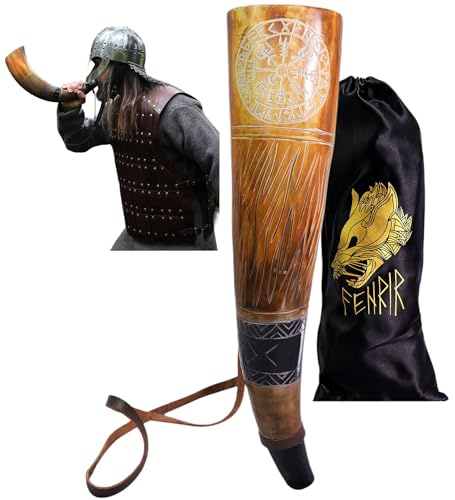 FENRIR Wikinger-Kriegshorn, 45,7 cm, echtes Ochsen-Blashorn, Schlachttrompete mit Lederband, Jarl & Kompass Finish, FNR_27
