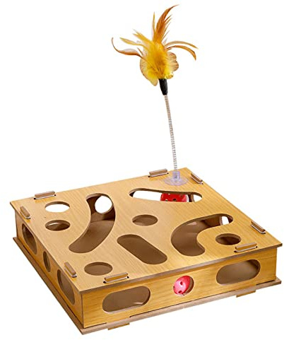 Glomora Katzenspielzeug-Puzzle-Box, Interaktives Katzen-Holzspielzeug Mit 2 Klingelballs und lustiger Katzenstock Krallenschleifen fördert das natürliche Jagdverhalten