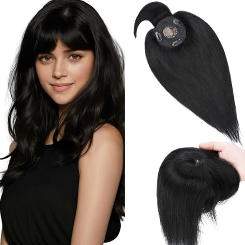 Elailite Hair Topper Donna Capelli Veri Clip 25cm #1 Jet Nero Toupet Toupee Frangia Capelli Naturali Indiani Protesi 10cm*10cm con Mono 32g